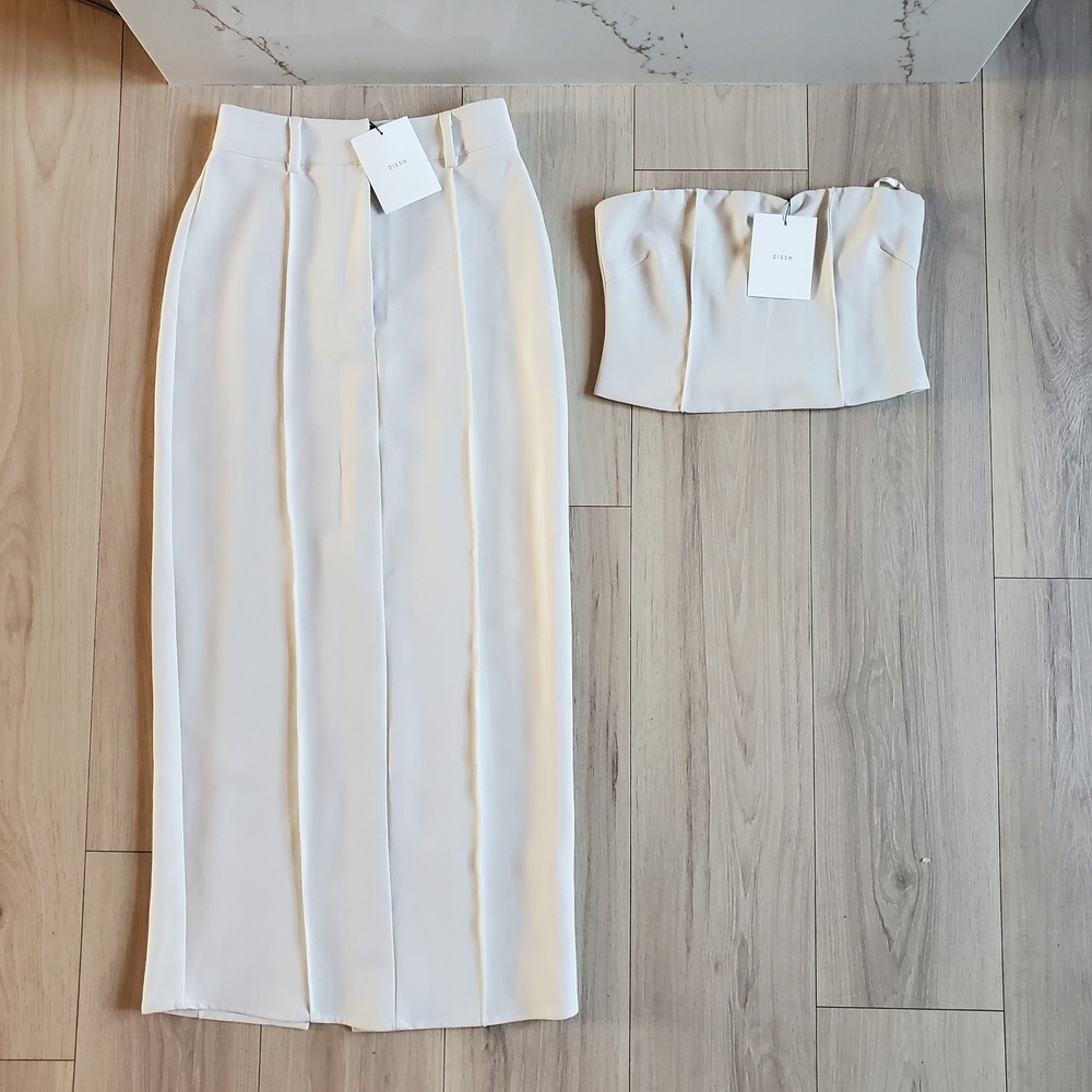 DISSH Rowan Skirt Set Womens 4 Bone Tube Top Strapless Cropped Corset Midi Skirt